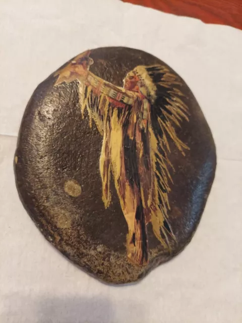 Native American Indian Painting On Rock Signed Viki, Large Art On Rock *Rare*