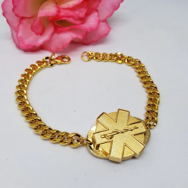 Mens Medical Alert ID Bracelet Gold Tone Cuban Link Chain Bracelet NEW in BOX