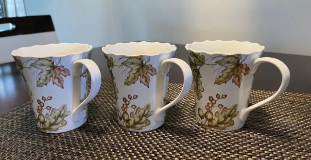 Pier 1 Imports 3 MAZEY Porcelain Coffee/Tea Cups 8oz Scalloped Rim Oak Leaves