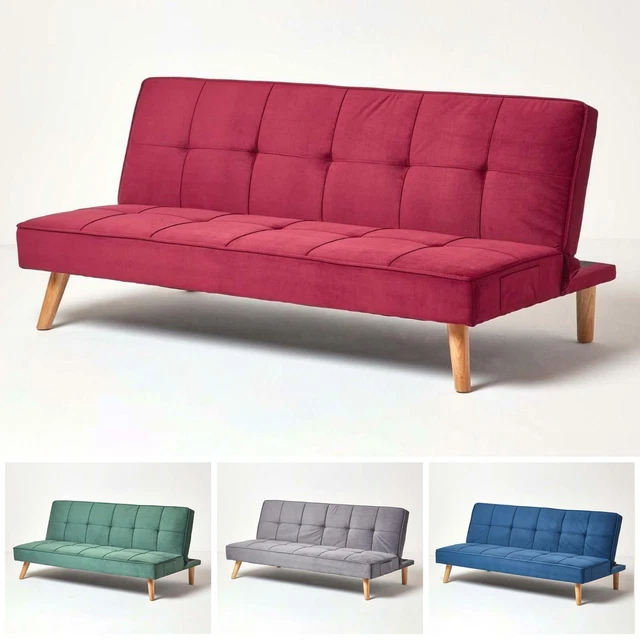 VELVET SOFA BED Large 3 Seater Click Clack Retro Bed Settee on Wooden