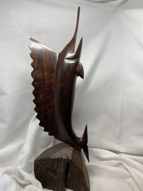 Iron Wood Marlin Sailfish Swordfish Hand Carved Statue Mid Century Modern READ