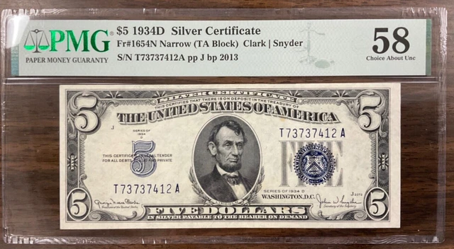 1934D $5 Silver Certificate Fr#1654N Narrow (TA Block) PMG 58 Choice About UNC