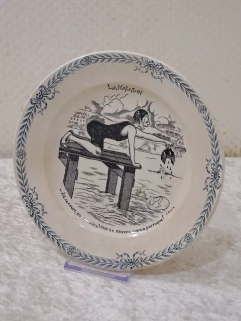 Antico Francese Ceramica Citazione Piatto La Natation Vintage Circa 1900 - 19 CM