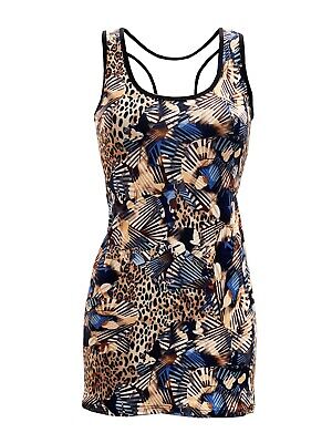 Donna Geometrico Abstract Leopardato Stampa Gilet Lungo Top Bodycon Rave