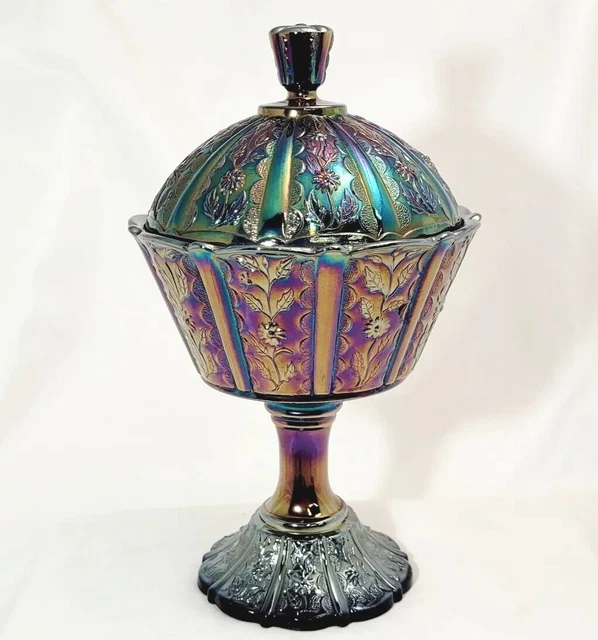 FENTON BLACK AMETHYST Carnival Glass Compote Daisy Footed Candy Dish