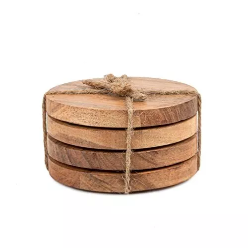 4 Acacia Wood Round Coasters Set Of 4 Table Coasters Use for Drinks & Beverages