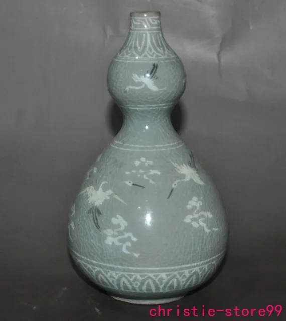 7.4" Old Dynasty Korea Koryo Porcelain flowers crane Zun Cup Bottle Pot Vase Jar