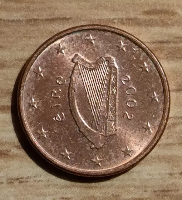 Irish One Cent Euro Coin Ireland  Eire 2002 Irish Harp Brian Bora Harp