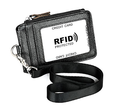 Genuine Leather ID Badge Card Holder Vertical Case Lanyard Purse Wallet