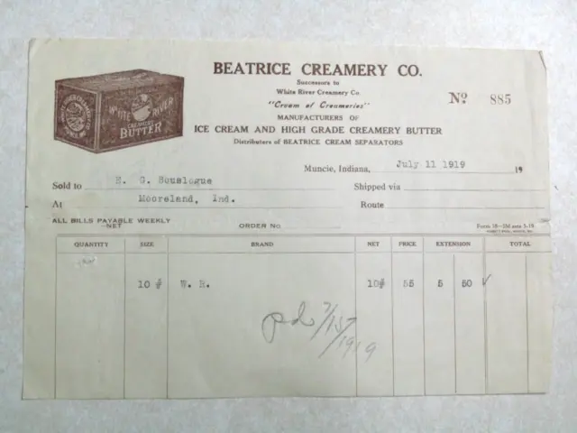 Beatrice Creamery Co 1919 Ice Cream Muncie IN Indiana Vintage Letterhead SBF96