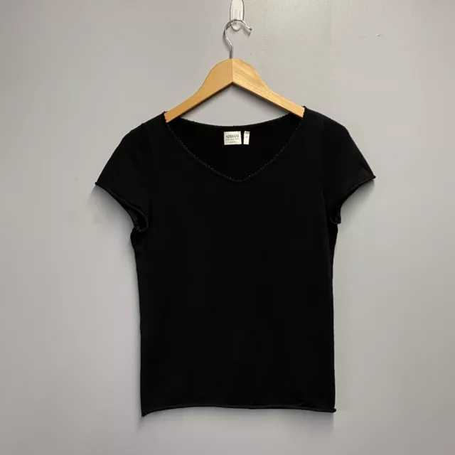 ARMANI COLLEZIONI Womans Black Bead Detail Top V-Neck Top T-Shirt Size 44 UK 12