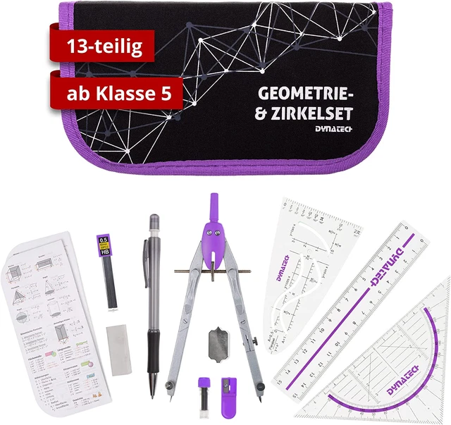 Dynatech Zirkel Set Geometrieset 13-Teilig Mit Schnellverstellzirkel, Geodreieck