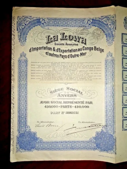 La Lowa , Belgian Congo Share certificate 1928   VG+