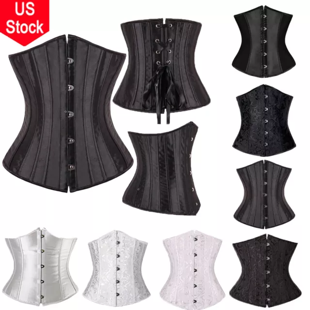 Women Underbust Corset Boned Waist Training Belt Lace up Top Shaper Black/White