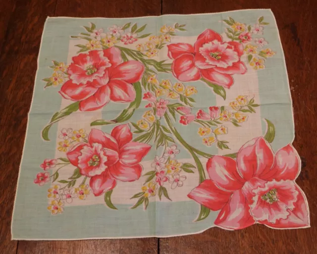 Handkerchief Square Pink Daffodils Scallop Edge Vintage Colorful 13" Hanky