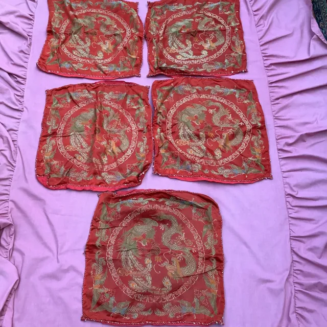 5 Red Chinese Silk Dragon Brocade Cushion Covers