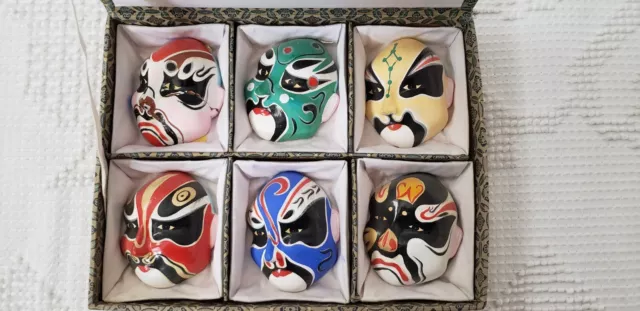 Vintage Chinese Beijing Handpainted Clay Opera Masks Set Of Six In Display Box