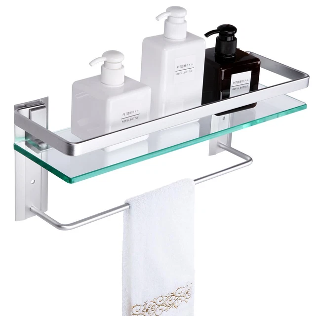 Glass Bathroom Shelf with Hand Towel Bar, Rectangular Wall Mounted Bat...