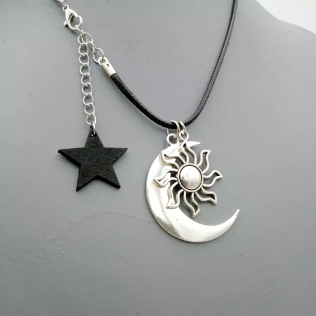 Sun Moon & star Necklace Goth Tarot Celestial silver on 17" black cord