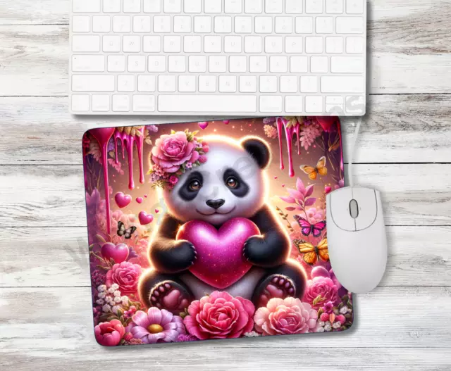 Cute Panda Bear Heart Butterflies Pink Floral Roses Mouse Pad Office Household