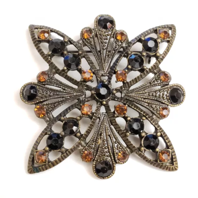 Vintage Victorian Style Filigree Brooch Pin Silver Black Amber Tone Rhinestones