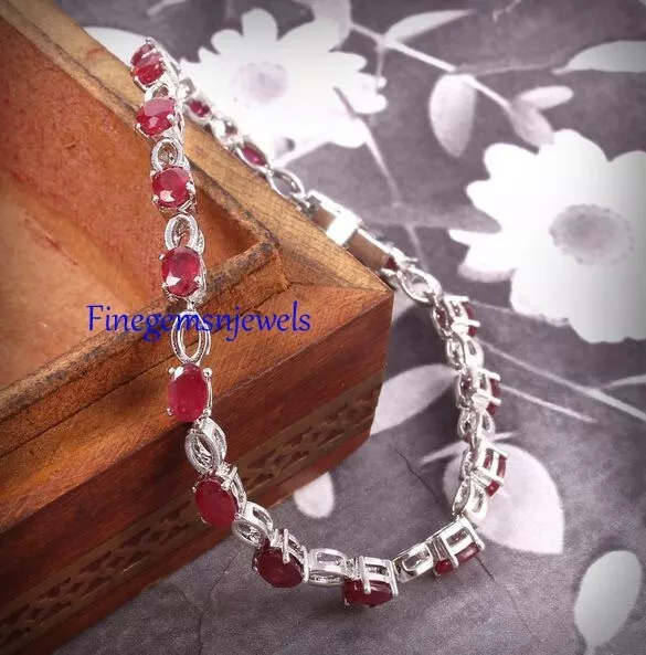 Naturel Rubis Pierres Précieuses Avec 925 Argent Bracelet Pour Femmes #567