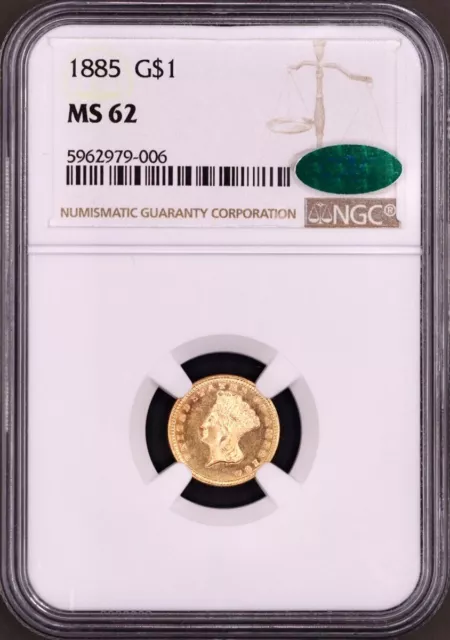 1885 $1 Gold Indian Princess Head NGC MS62 CAC - Flashy Proof Like Surfaces