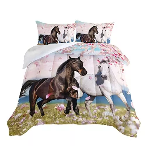 Horse Bedding for Girls,Spring Farm Animals Pink Cherry Queen Pink-blue