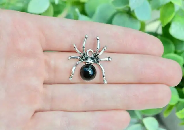 INSECT BLACK SPIDER crystal pendant 20" Sterling Silver 925 necklace female men