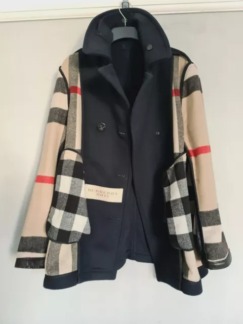 Burberry Coat Jacket Men Wool Tweed Leather Trim Navy Made In England Slim XL