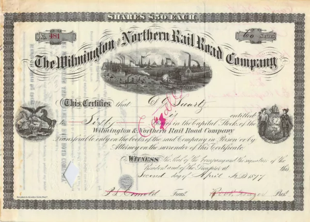 1877 Wilmington Northern D G Swartz Railroad Railway Stock Certificate
