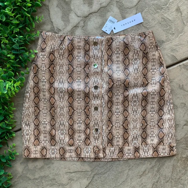 New Topshop Mini Skirt Size 8 • Beige Brown Snakeskin Print Faux Leather Coated