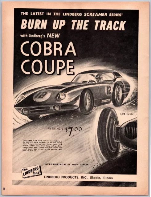 Cobra Coupe Burn Up The Track Lindberg Vintage March, 1965 Full Page Print Ad