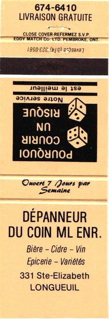 Quebec Canada Du Coin Ml Enr., Convenience Store Vintage Matchbook Cover