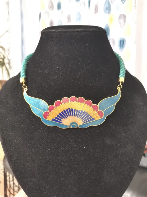 Pendentif Collier Années 70 Double Poisson émail Cloisonné Bleu - Vintage