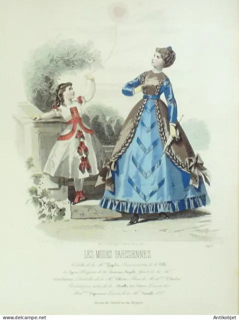 Gravure Modes parisiennes 1867 n°1263 Robe gros de Naples mantelet & robe enfant