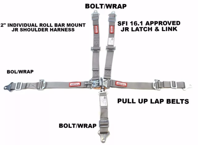 Quarter Midget Harness Sfi 16.1 5 Point Latch & Link Roll Bar Mount Belt Gray