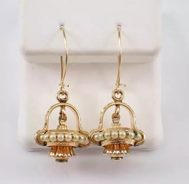 1Ct Round Cut Genuine White Pearl Vintage Dangle Earrings 14K Yellow Gold Plated