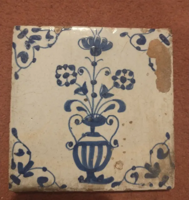 Charming 17th Century Delft ceramic tile with flowers in a vase  5" x 5"