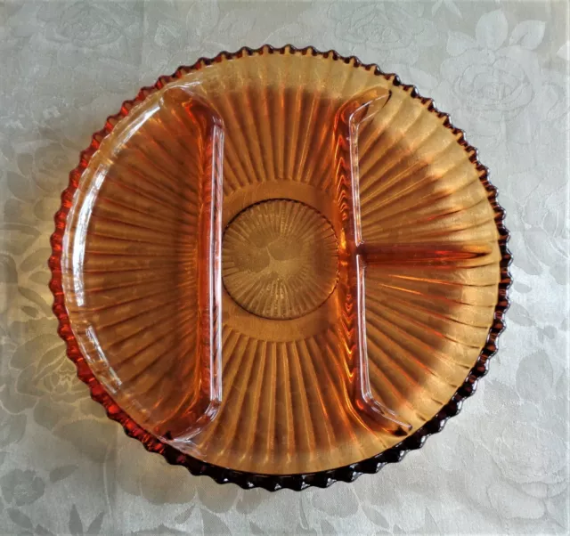Lovely Vintage Indiana Glass Divided 4 Section Amber Glass Platter