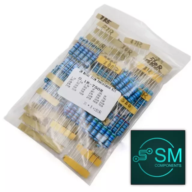 150pcs 2W 2 Watt Metal Film Resistor Axial Leads 0.1Ω - 750Ω 30 Values 1%+