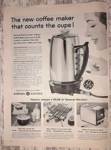 1959 General Electric Vintage Print Ad GE Coffee Maker Mixer Toaster Frypan B&W