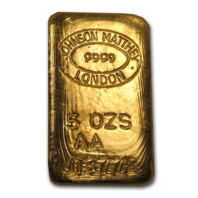 5 oz Gold Bar - Johnson Matthey-London (Poured, RNB) 5 oz Gold Bar - Johnson Matthey-London (Poured, RNB)