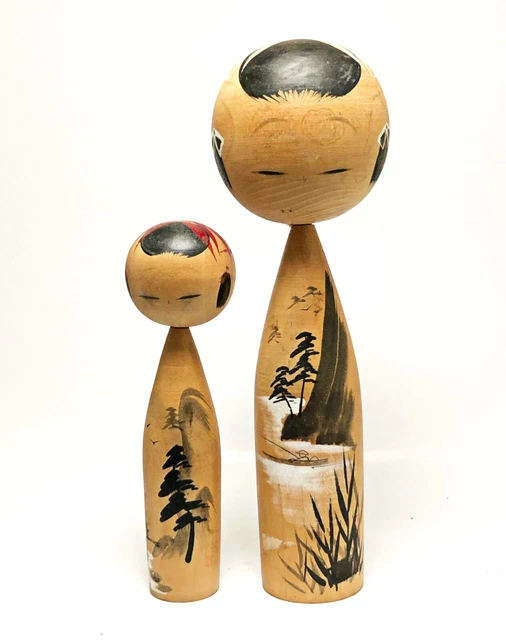 Japanese Kokeshi Dolls Couple Wooden Folk Art Carving Hand Painted Landscape K7