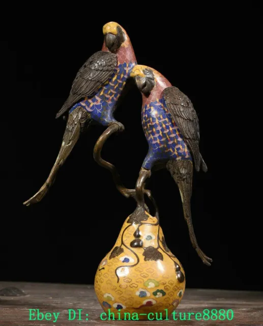 13.3 "cuivre antique scenatic émail gourde perroquet oiseau encens poêle