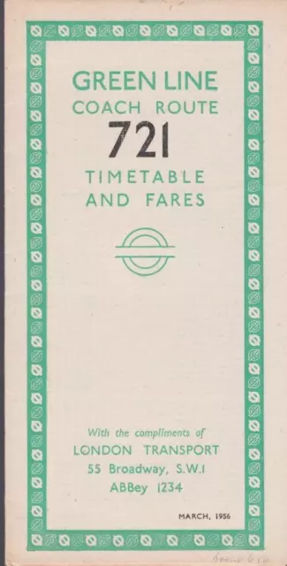 London Transport Green Line Coach Route 721 Bus Timetable Lft Mar 1956