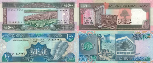 Lebanon 2 PCS Set: 500 & 1000 Livres (1988) - p68 & p69a UNC