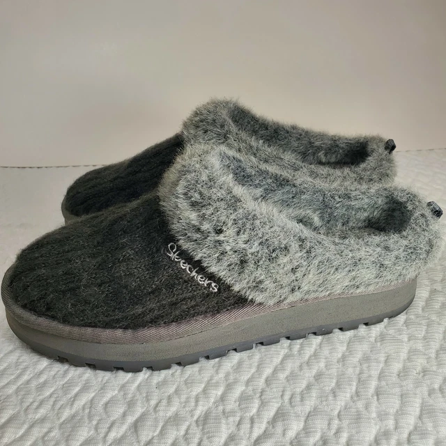 Skechers Mule Slippers Women 8 Keepsake Postage Comfort Grey Knit Faux Fur