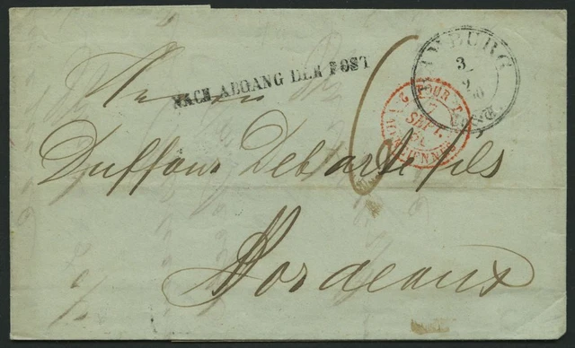 HAMBURG-THURN UND TAXISCHES O.P.A. 1850, HAMBURG Th.& T., K3 auf Brief n. Bordea
