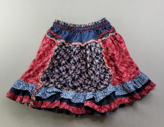 Oilily Girl's 8Y (128) Red Blue Floral Patchwork Ruffle Tiered Swing Skirt Cute